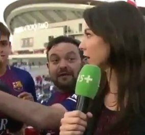 Η πιο live αντίδραση όμορφης δημοσιογράφου σε οπαδό της Μπαρτσελόνα - Την αγγίζει & τον βάζει "στη θέση του" (ΒΙΝΤΕΟ)