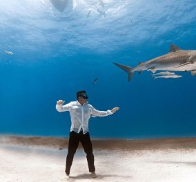 Αυτό δεν το έχετε ξανά δει: Γυναίκα στον βυθό με καρχαρίες  - τίγρεις φωτογραφίζει άνδρες μανεκέν με σμόκιν! μπρρρρ