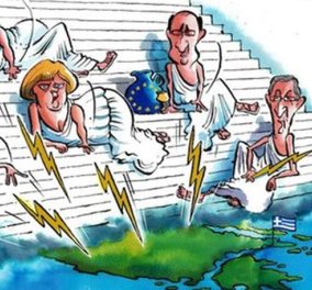 Το καυστικό σκίτσο της Telegraph: Οι δανειστές ως ολύμπιοι θεοί κατακεραυνώνουν... τους Έλληνες