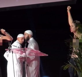 Έσπασαν στο ξύλο γυμνόστηθες FEMEN που εισέβαλαν σε μουσουλμανική συνδιάσκεψη στη Γαλλία  - Κυρίως Φωτογραφία - Gallery - Video