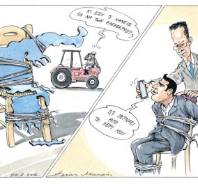 Σκίτσο του Ηλία Μακρή: Η Ελλάδα εγκλωβισμένη στα χέρια των Ευρωπαίων & ο  Τσίπρας παγιδευμένος 