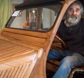 Φώτο- Βίντεο: Γάλλος μαραγκός έφτιαξε ένα ολόκληρο αυτοκίνητο 2CV από ξύλο- όμορφο & κυκλοφορεί άψογα