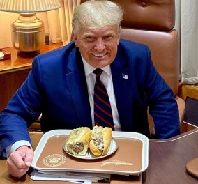 Αχόρταγος ο Donald Trump- Προεκλογική φωτογραφία με 2 τεράστια σάντουιτς μπροστά του & η γραβάτα, γραβάτα... (φωτό) 