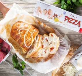 H Nτίνα Νικολάου δημιουργεί: Πίτσα πλεκτή με μείγμα τυριών, ντοματίνια και σαλάμι αέρος 