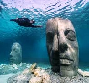  Κάννες: Το πρώτο υποβρύχιο μουσείο είναι γεγονός! - Με στολή δύτη οι φιλότεχνοι θαυμάζουν 6 μνημειωδών διαστάσεων μάσκες στο βυθό (φώτο)