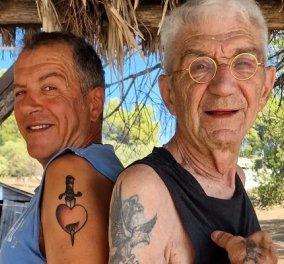 Ο Σταύρος Θεοδωράκης με τον Γιάννη Μπουτάρη στην Χαλκιδική - δείχνουν τα τατουάζ τους: «Ποιος να συγκριθεί μαζί του;» (φωτό)
