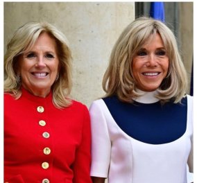 Δύο πρώτες κυρίες στο Παρίσι μαζί: Στα μπλε - λευκά η Brigitte Macron, στα κόκκινα η Jill Baiden - Συνάντηση κορυφής & μόδας (φωτό) - Κυρίως Φωτογραφία - Gallery - Video